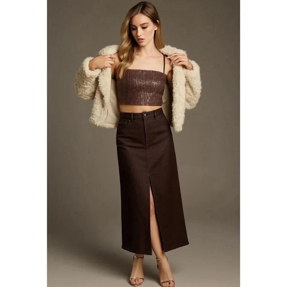 Anthropologie Pilcro Skirt 8 Brown Maxi High Front Slit Pockets Stretch A011575